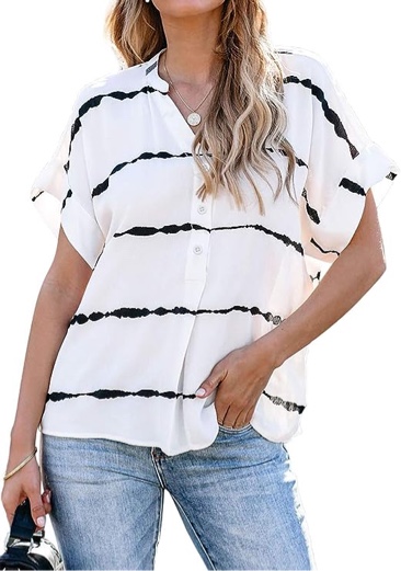 ( Medium ) HOTAPEI Womens Summer Blouses Casual V Neck Stripe Short Sleeve Button Down Shirts Tops