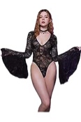 Medium - Floerns Women's Lingerie Contrast Lace Flouce Sleeve Teddy One Piece Bodysuit, Black