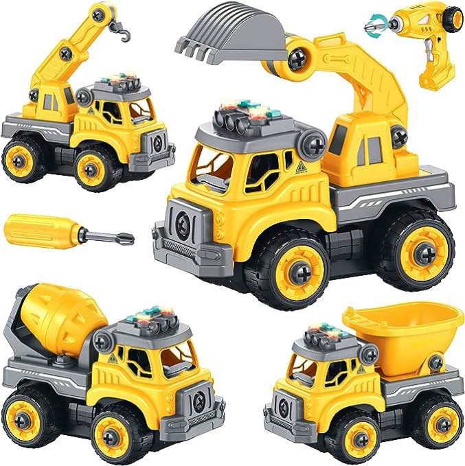 4-in-1 Take Apart Construction Toys for Kids, 36Pcs RC Car Trucks w/Electric 360° Drill Remote Control, DIY STEM Vehicle Building Toy, Sounds, Lights, Rechargeable, 3 4 5 6 7 Year Old Boys, Girls