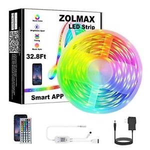 32.8ft RGB LED strip lights with music control, Bluetooth app and remote