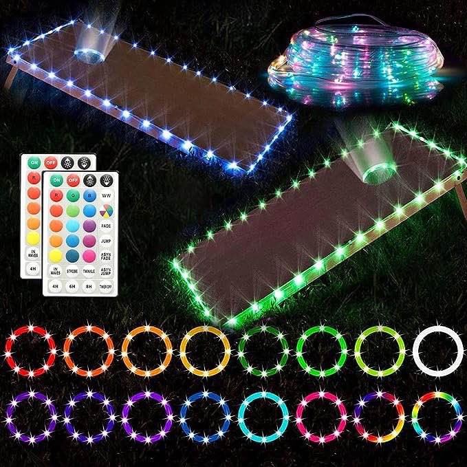 LED Cornhole Lights, Remote Control Cornhole Board Edge and Hole Ring Lights Set for Family Backyard Outdoor Bean Bag Toss Cornhole Game, RGB 16 Multicolors Change by Yourself, Waterproof, 2 Set
