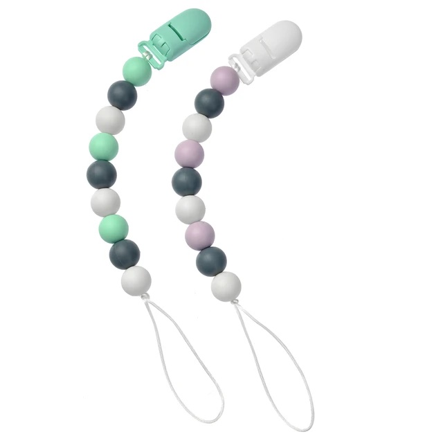 Silicone Teething Beads Holder Soothie Teether Pacifier Dummy Clips for Baby Boys or Girls, 2 Pack