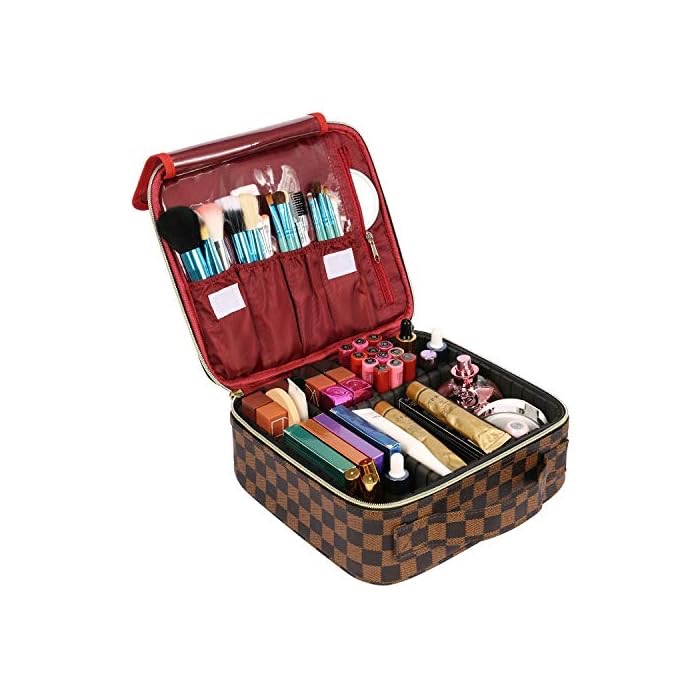 FOOXII Makeup Bag Travel Cosmetic Case Professional Train Case Large Make Up Storage Organizer with Removable Dividers, Hard Shell, Brush Section for Women Girls, Brown
