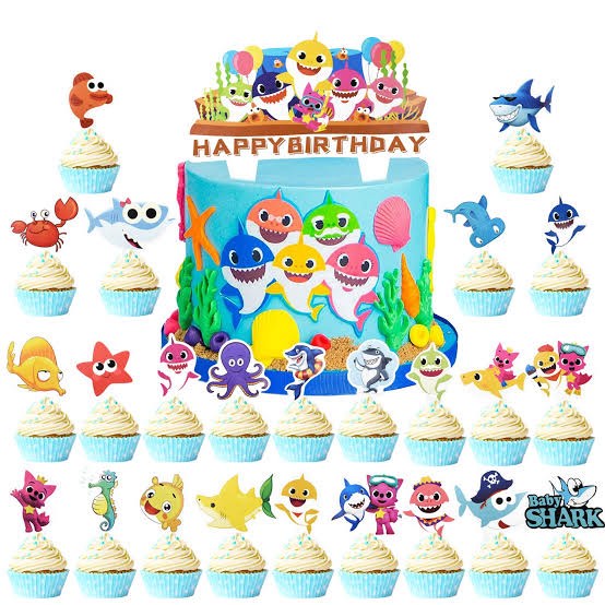 Birthday Cake Toppers simyron 25 Pcs Baby Shark Cake Toppers Baby Shark Cupcake Toppers Cake Toppers for Kids Party Birthday Cake Decoration Party Supplies Decor Favors
