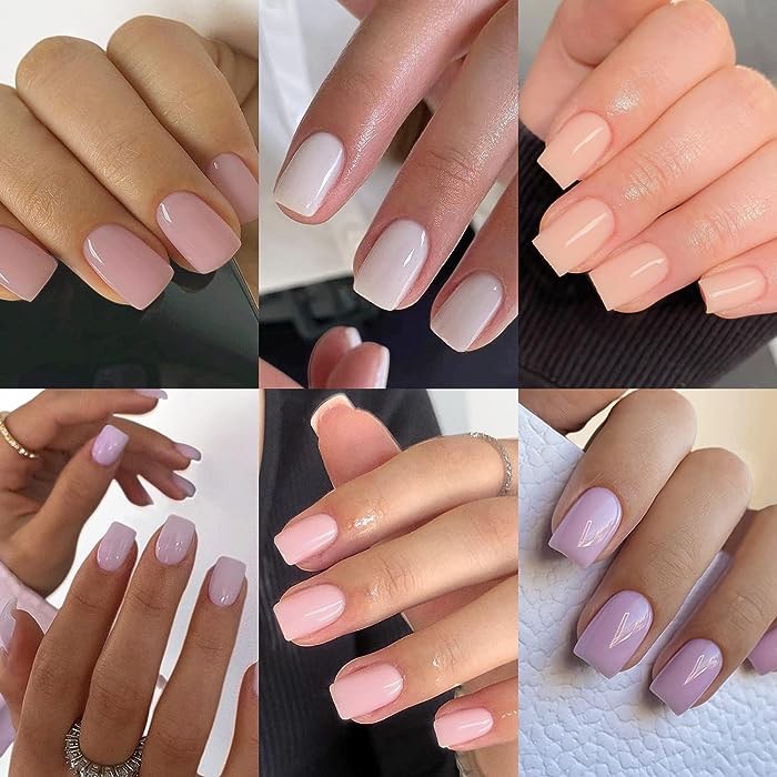 6 Packs Solid Color Press on Nails Short Square Kit Pastel Pink Yellow Blue, KXAMELIE Upgraded Gel Manicure Short Fake Nails Sets, Shiny Reusable Handmade Acrylic Glue on Nails for Daily Wear, Salon Perfect Press-on nails,144 PCS