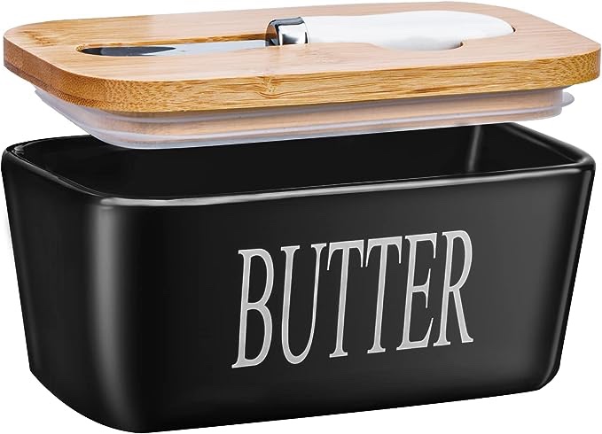 Butter Dish with Lid and Knife, Airtight Black Porcelain Butter Container, Large Ceramic Butter Storage with Sealing Covered for Countertop, Butter Dishes, JSHKY (Color-Black)