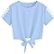 Girls Casual Crew Neck T-Shirts Short Sleeve Solid Color Plaid Hem Tie Strap Tops