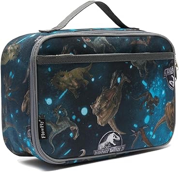 FlowFly Kids Lunch Bag, Durable Insulated School Lunch Box with Shoulder Strap and Bottle Holder, Water-resistant Thermal Small Lunch Cooler Tote for Teen Boys & Girls,Dino#World