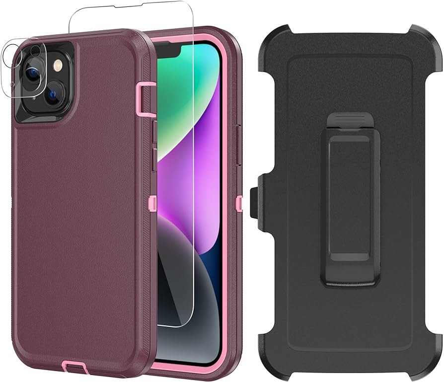 AIRCS Compatible with iPhone 14 Pro Case with Screen Protector, Heavy Duty Military Grade Shockproof Full Body Protective Kickstand Cover with Swivel Belt Clip for iPhone 14 Pro 6.1 inch Purplish/Pink