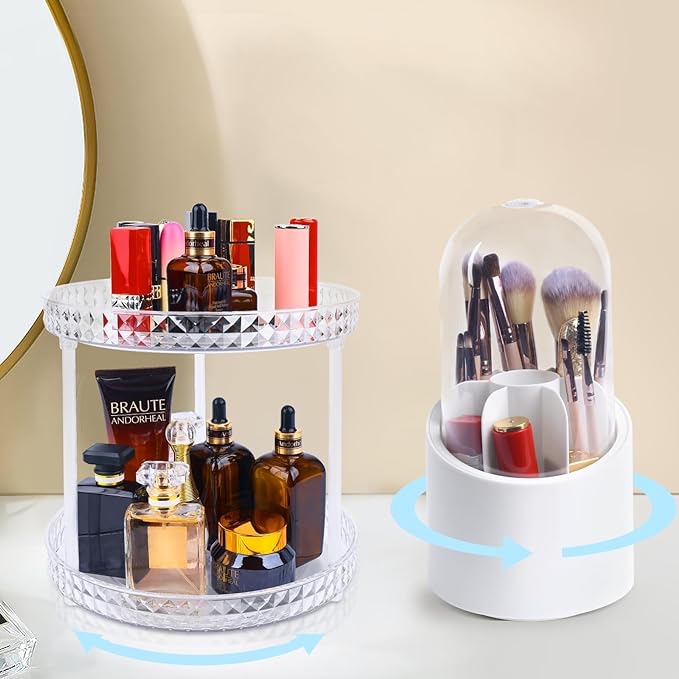 Idle Way Makeup Organizer for Vanity 360 Rotating, Clear Skincare Perfume Organizers Make up Storage, Cosmetic Dresser Organizer Countertop, Spinning Rack Storage(with Makeup Brush Holder)