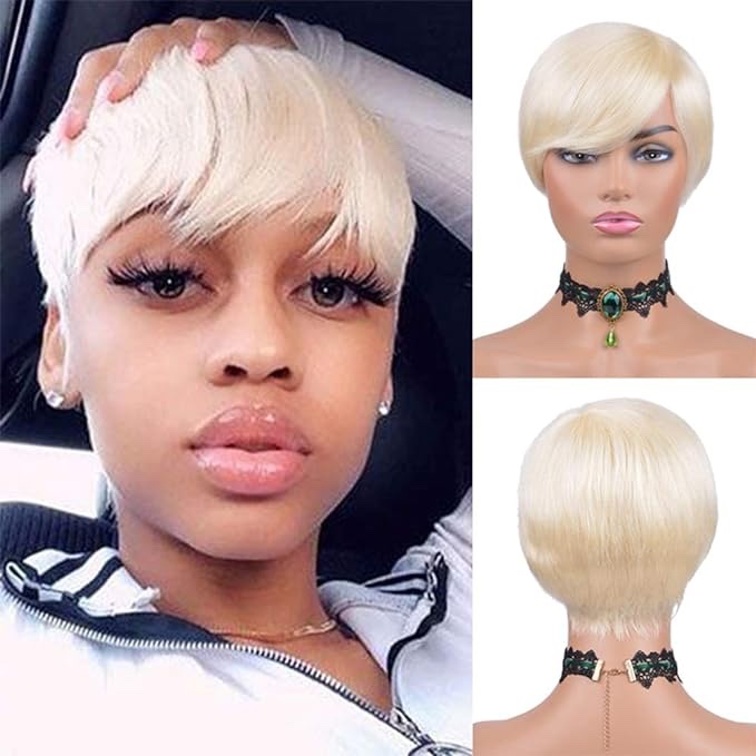 Fovbuty Short Pixie Wig 613 Blonde Color Short Wigs Pixie Cut Wigs Short Hairstyles Wigs for Black Women Virgin Human Hair Short Hair Full Machine Made Wigs (Bloned 613#, pixie cut wig)
