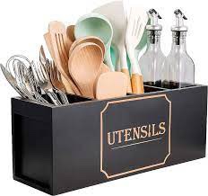Utensil Holder for Kitchen Counter-Wooden Large Utensil Holder, Kitchen Utensil Holder for Countertop, Spatula Holder for Countertop, Cooking Utensil Organizer, Farmhouse Kitchen Decor, Kitchen Tool Holder (Black)