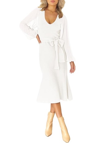 Duigluw Fit and Flare Midi Sweater Dresses Women Puff Sleeve V Neck Bodycon Winter Dress White (Small)