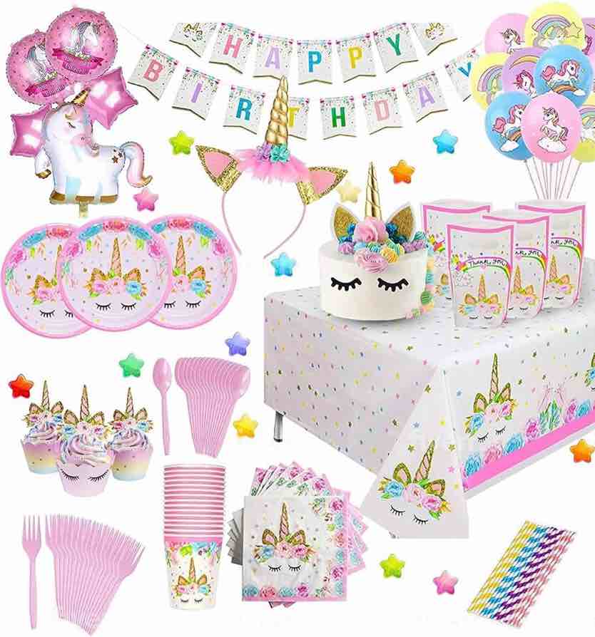 Unicorn Party Supplies Set & Tableware Kit | Birthday Decorations Bunting, Disposable Paper Plates, Cups, Napkins, Straws, Plastic Table Cloth, & BONUS Balloons, Bracelet, Head band - Serves 16