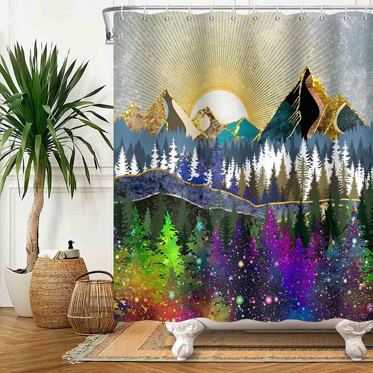 ChloropLastid Boho Mountain Shower Curtain Colorful Forest Shower Curtains 70s Rising Sun Abstract Gold Foil Shower Curtain Sets Woodland Trees Bathroom Curtain 72x72 in with 12 Hooks