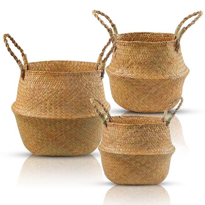 3 Pack Woven Plant Baskets with Handle, Seagrass Belly Baskets, Picnic Basket Organizer Baskets, Planter Basket for Plants Indoor, Plant Pot Cover, MUZPZ Storage Baskets for Laundry, Grocery & More