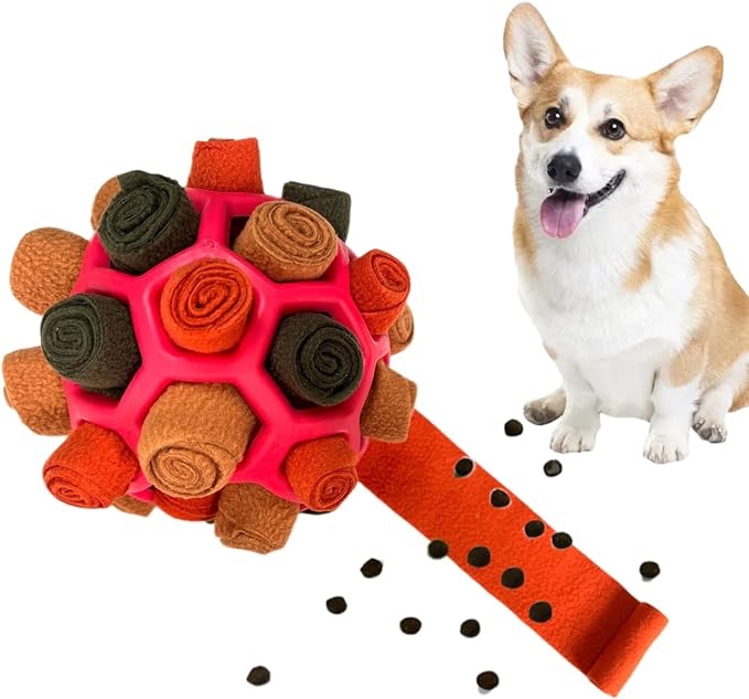 Interactive Snuffle Ball Dog Toys Portable Dog Enrichment Chew Toys Encourage Natural Foraging Skills Slow Food Training Puzzle Feeders Dog Training Toy for Anxiety Relieve (Autumn Red)