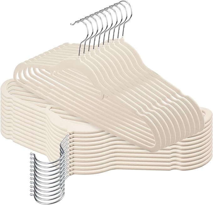 Corbdgar Beige Velvet Hangers 50 Pack, Non-Slip and Heavy Duty Adult Hangers with Notched Back Brackets, Suitable for Jackets, Suits, Dresses, Ties, Scarf Rings