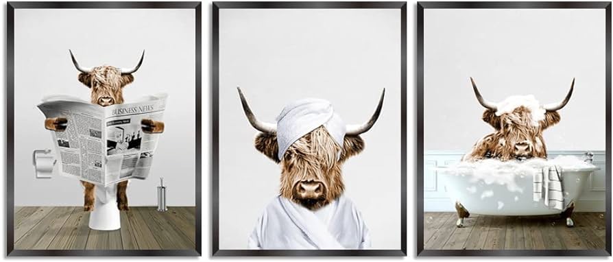 YLYYOO Funny Highland Cow Bathroom Wall Art,black and White Canvas Wall Art Farmhouse Bathroom Wall Decor,highland Cow Pictures Prints for Wall Decor Set of 3 Black Frame