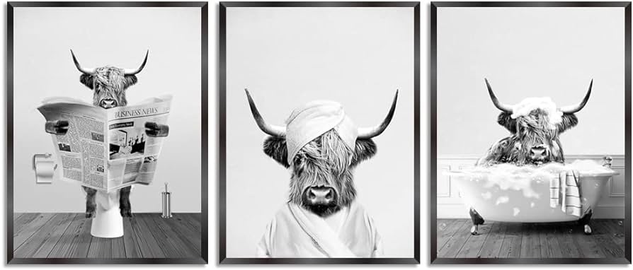 YLYYOO Funny Highland Cow Bathroom Wall Art,black and White Canvas Wall Art Farmhouse Bathroom Wall Decor,highland Cow Pictures Prints for Wall Decor 