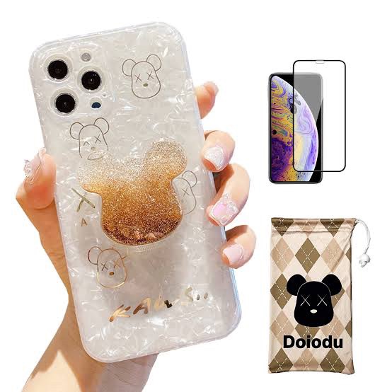 Doiodu Cartoon Case for iPhone 12 Pro Max 6.7'' with HD Screen Protector, Cute Teddy Bear with Quicksand Cell Phone Holder Strap Soft TPU Shockproof Protective for Kids & Girls & Women