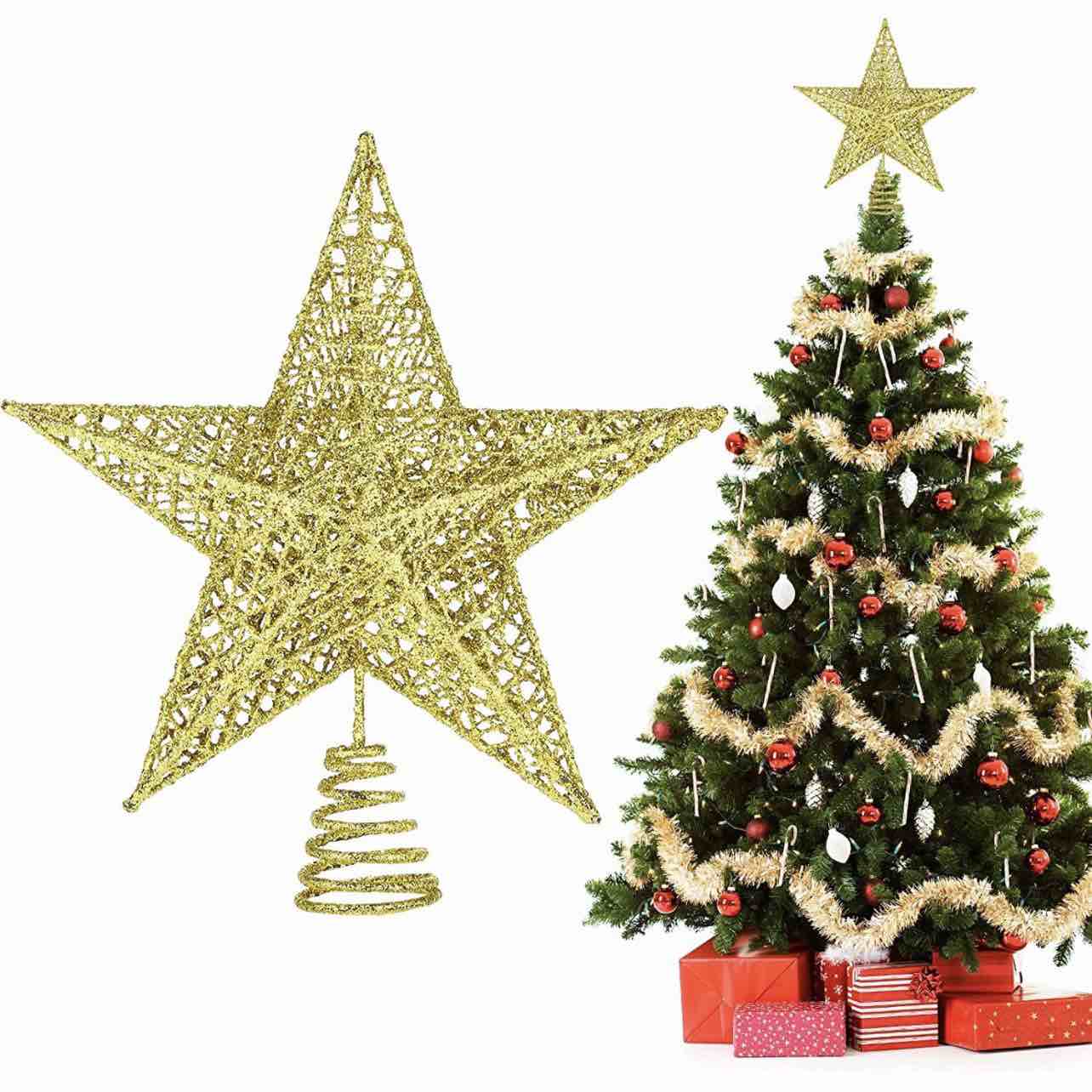 9 inch Glitter Christmas Tree Topper Metal Star Tree Topper Xmas Hollow Star Topper for Christmas Tree Decoration