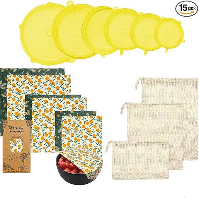 15 Pack - Eco-Friendly, Reusable, & Washable Container Set of Beeswax Food Wraps, Airtight Silicone Lids & Natural Kitchen Produce Bags