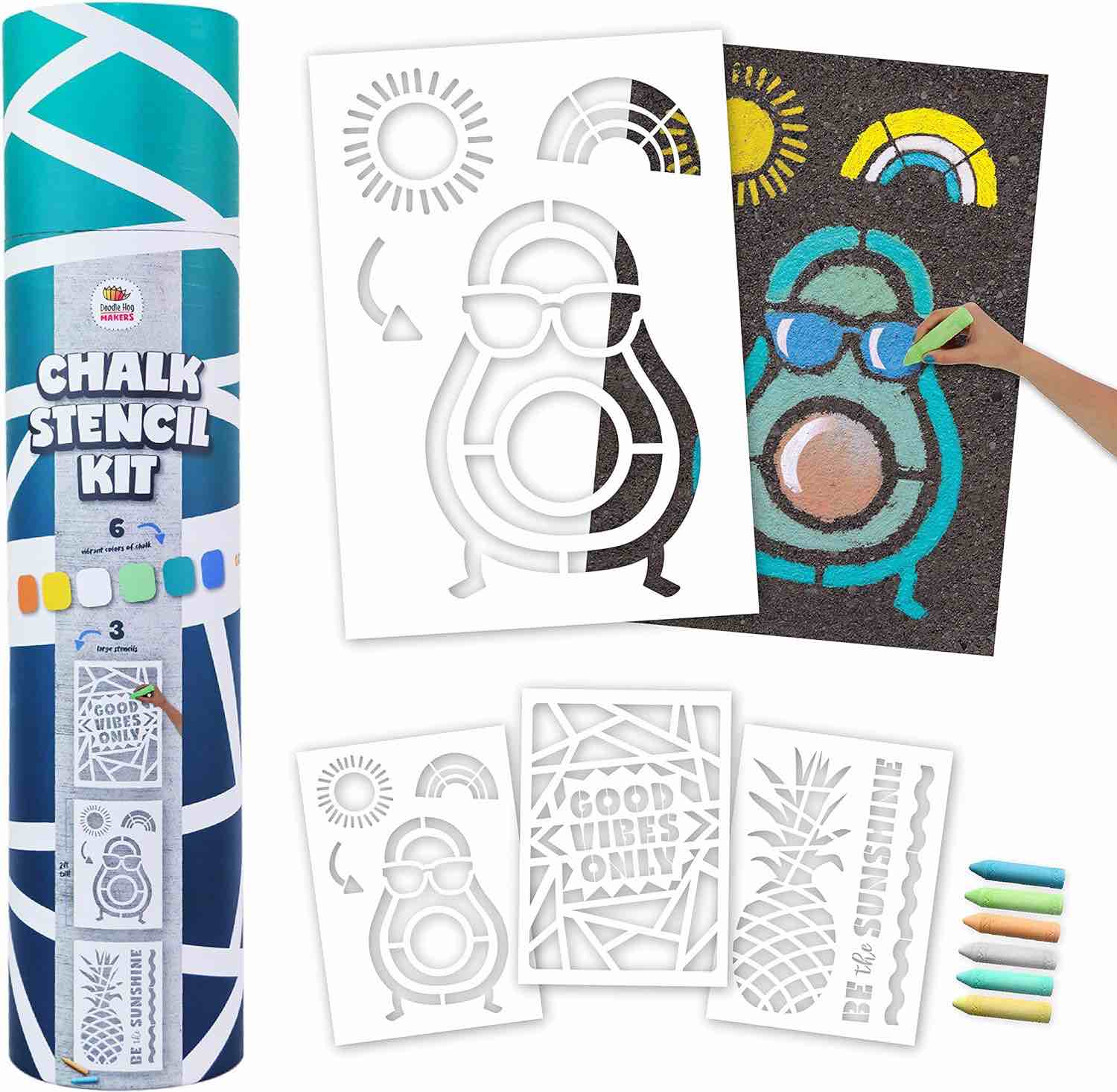 DOODLE HOG Sidewalk Chalk Stencil Kit with 6 Jumbo Colored Chalk & 3 Large Reusable Chalk Stencils. Washable Non Toxic Sidewalk Chalk for Kids for Creative Play. Outdoor Sidewalk Chalk for Toddlers