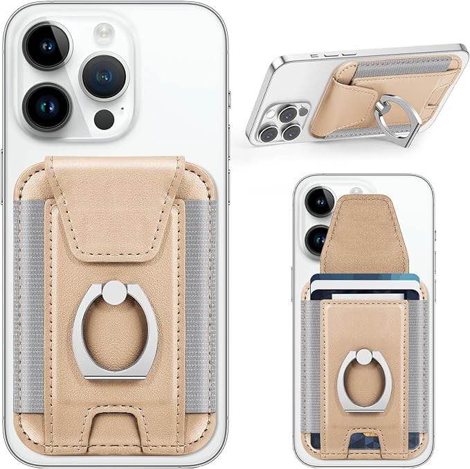 Magnetic Card Wallet Holder with MagSafe for iPhone 14/13/12, Magsafe Wallet with Ring Holder, Magnetic Wallet Card Holder with Phone Grip for Back of iPhone 14, iPhone 13 and iPhone 12 Series Gold