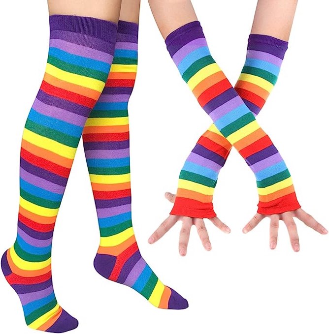Womens Rainbow Socks Striped Knee High Socks Arm Warmer Fingerless Gloves Set