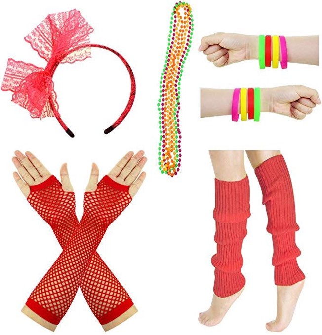 80s Costumes for Women, 80s Accessories Set with Fishnet Gloves Leg Warmers, Tutu Skirts for 1980s Theme Party Outfits