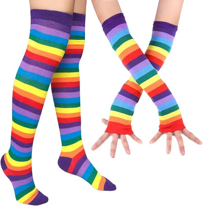 Womens Rainbow Socks Striped Knee High Socks Arm Warmer Fingerless Gloves Set