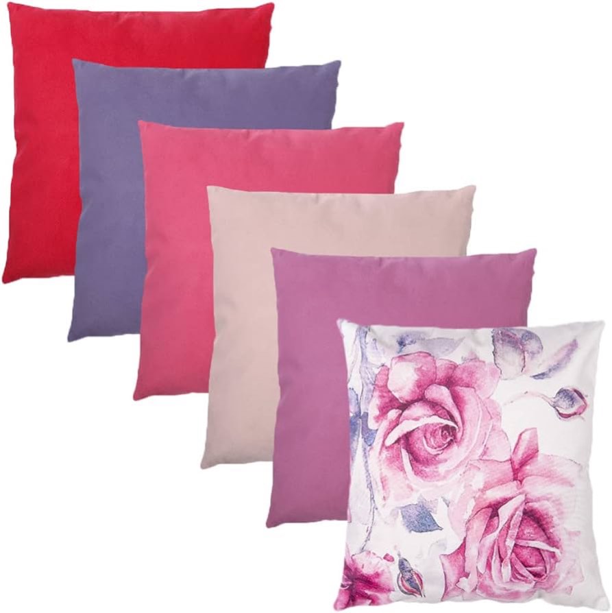 Tayis Pink Throw Pillow Covers 18x18 Set of 6, Floral Square Cushion Cases, Soft Cotton Blend Solid Accent Pillow Cases Decorative Throw Pillows Suitable for Sofa Couch Bed Farmhouse Home - Pink Set