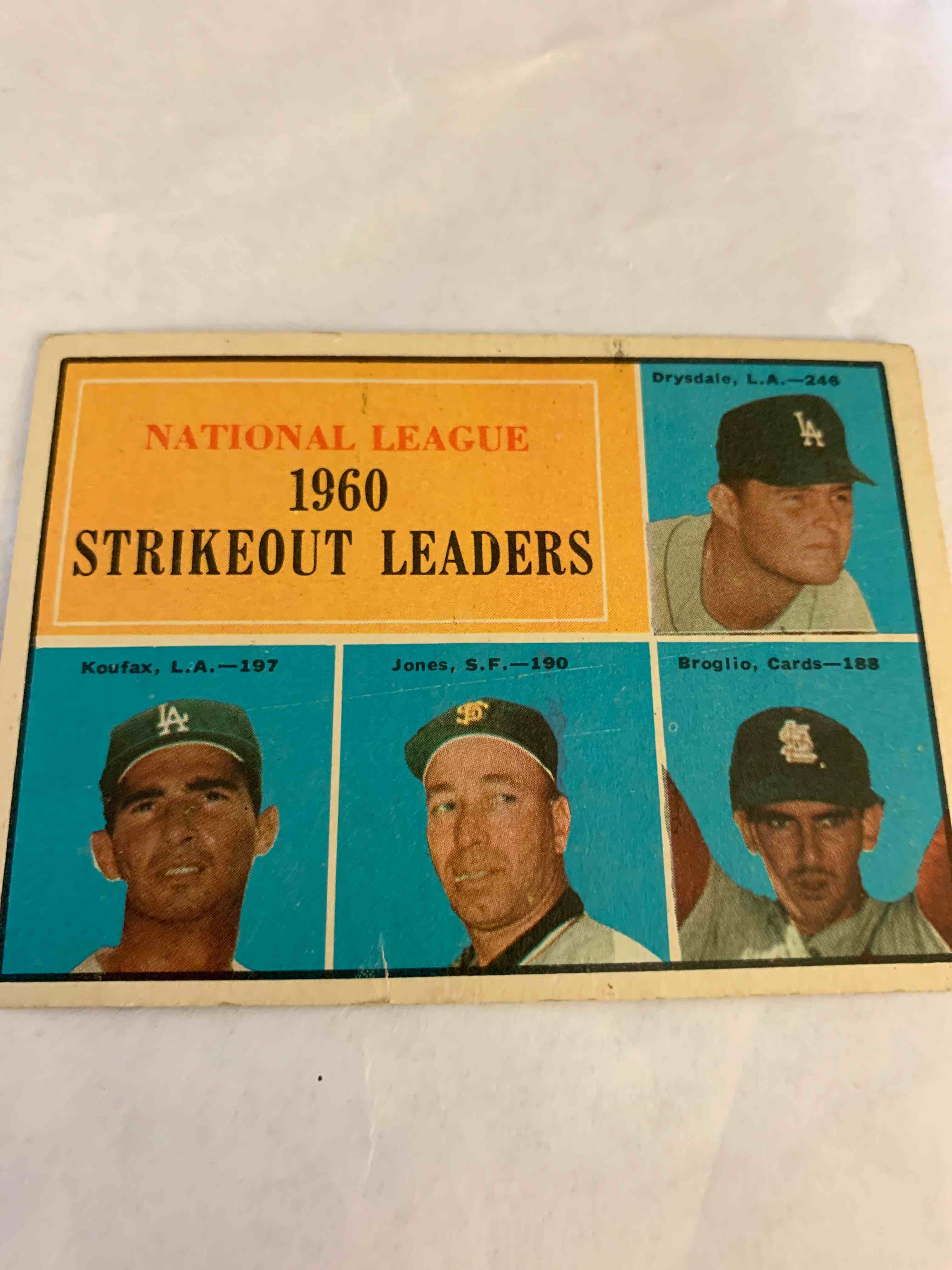 1961 Topps Baseball #49, Strikeout Leaders, Koufax, Drysdale