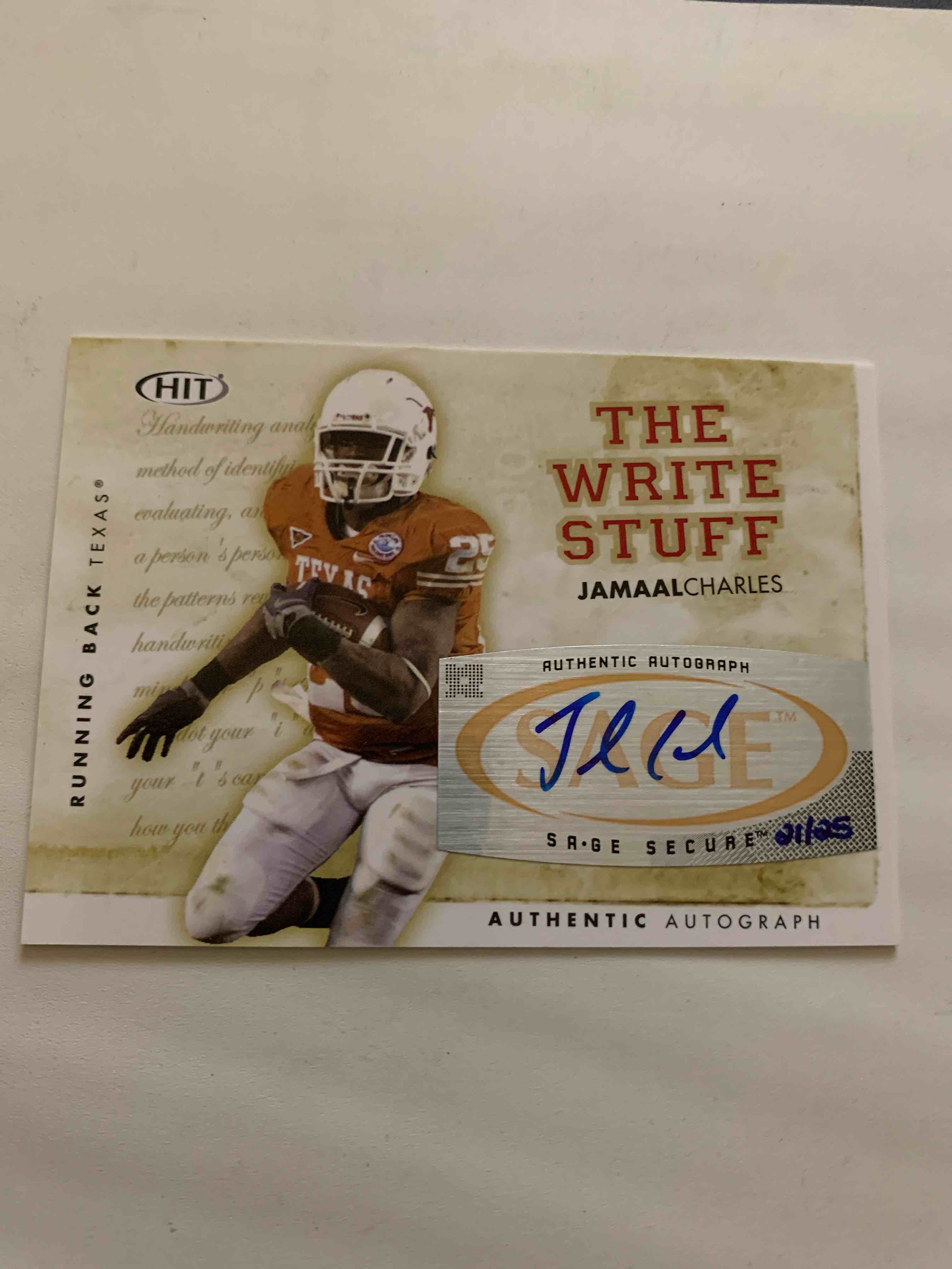 2008 Sage Hit, The Write Stuff #WSA3, Jamaal Charles Rookie Autograph Card 