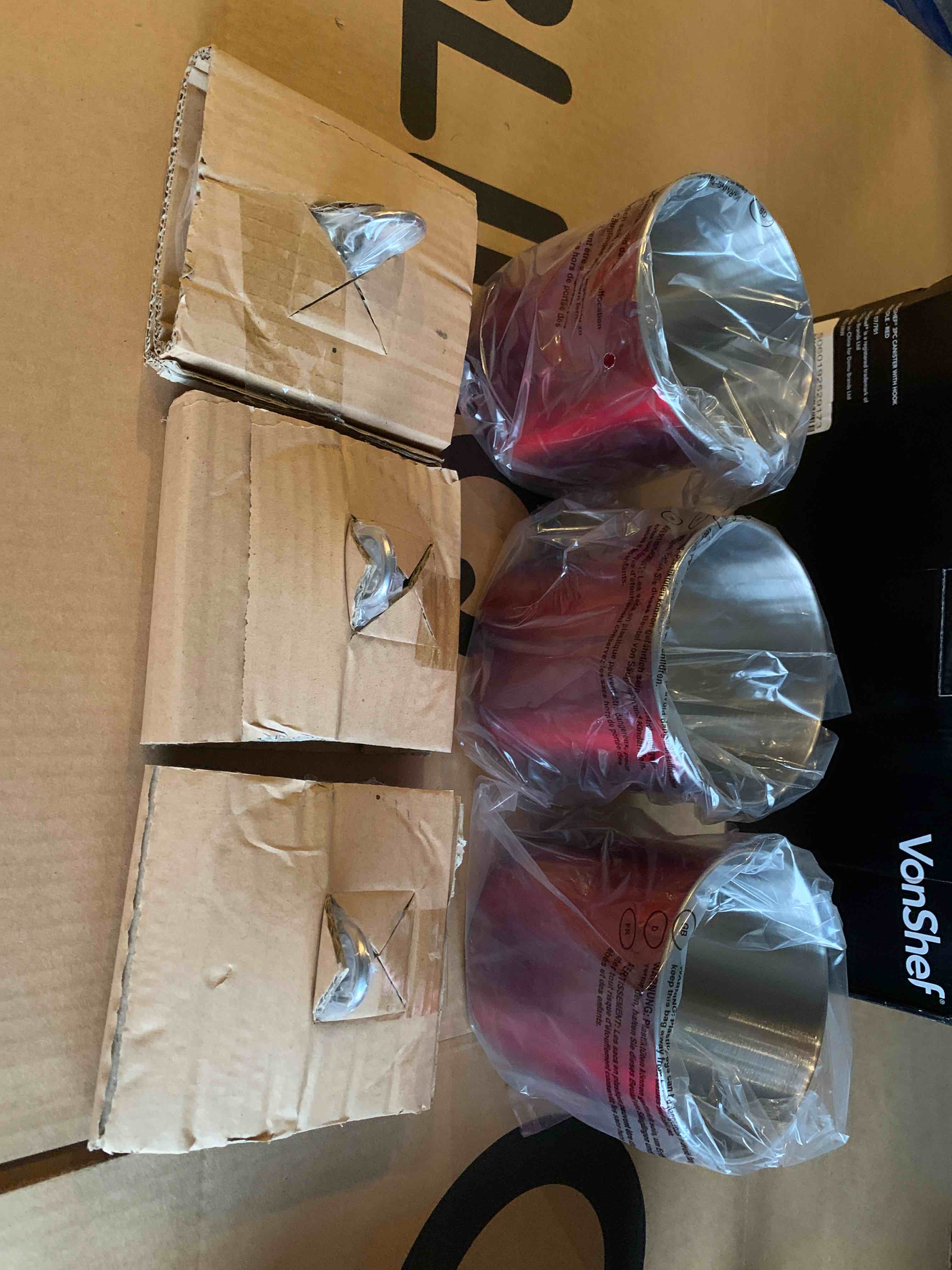 vonshef three red stainless canisters with stainless as glass lids