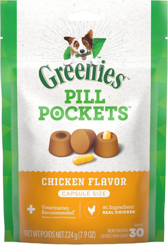 GREENIES PILL POCKETS for Dogs Capsule Size Natural Soft Dog Treats, Chicken Flavor, 7.9 oz. Pack (30 Treats)