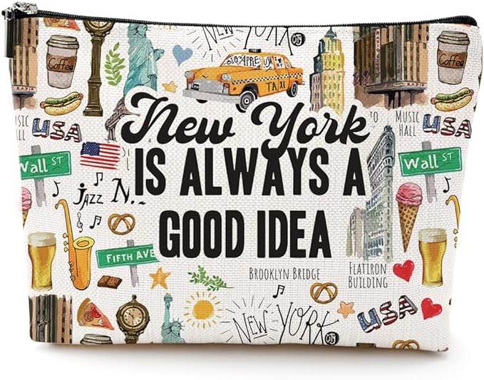 DJHUNG New York Travel Gift Cosmetic Bag New York Lover Gifts Makeup Bag New York City Themed Gifts for Traveller Women Friends Sister Birthday Christmas Bachelorette Party Favors Girls Trip Gifts