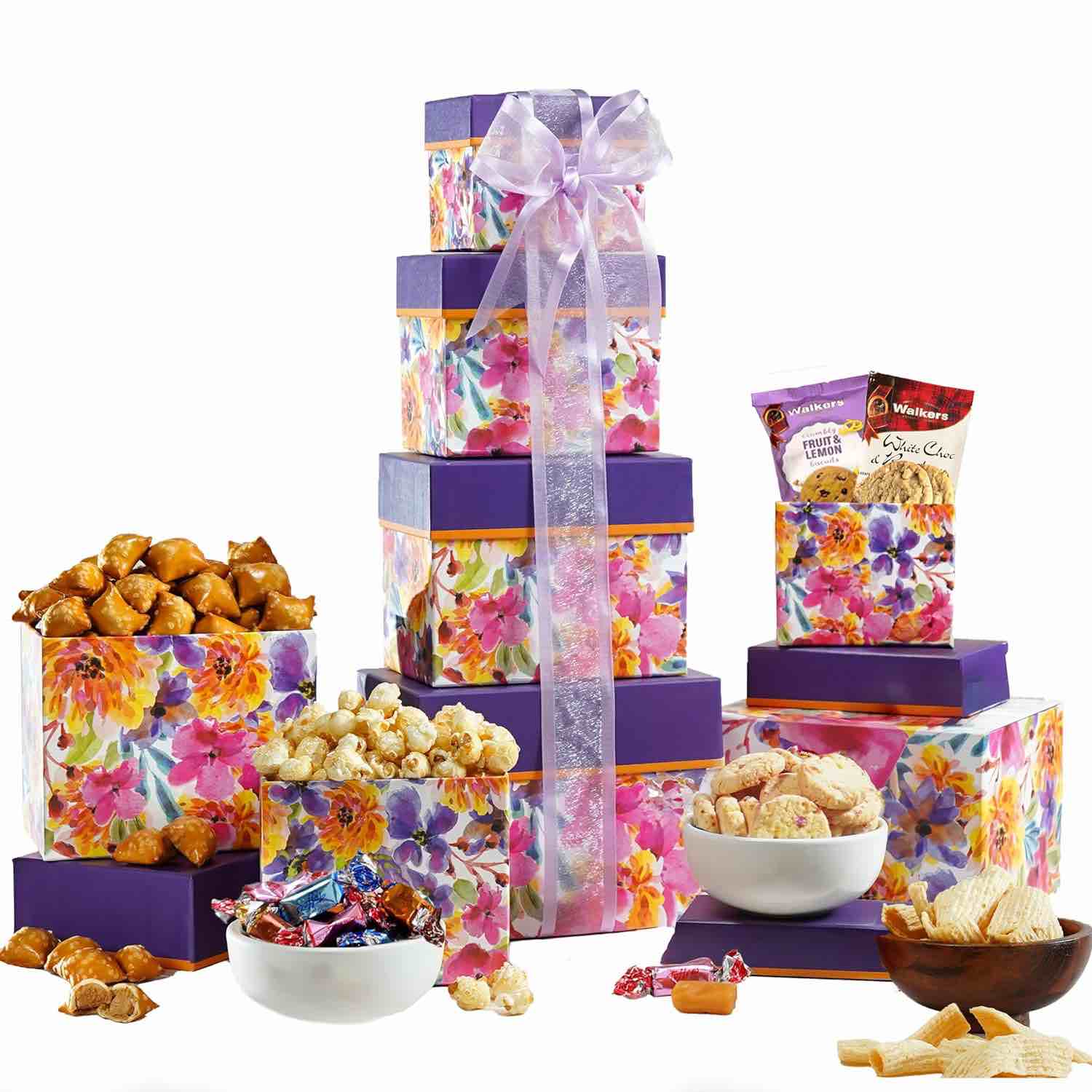 Broadway Basketeers 4 Box Chocolate Food Gift Basket Tower Snack Gifts for Women, Men, Families, College – Delivery for Birthday, Appreciation, Thank You, Get Well Soon Care Package