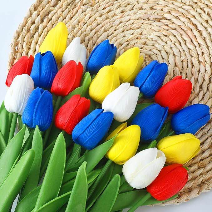 Riceshoot 21 Pcs Patriotic Fake Tulips Artificial Flowers 13.5 Inch Faux Tulips Red White Blue Flowers Independence Day Decoration Home Table Decor 4th of July Memorial Day Cemetery Flowers