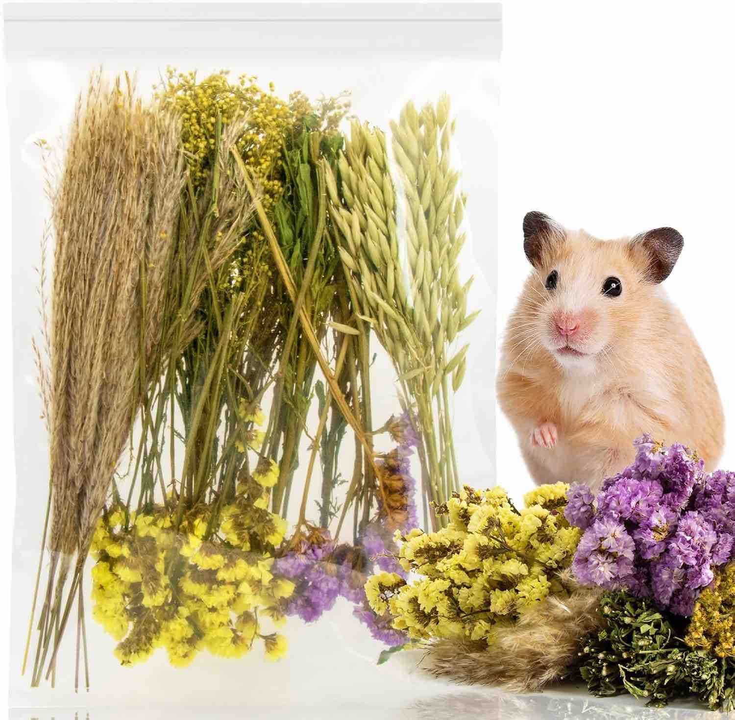 Natural Flower & Herb Bedding Habitat Decor, Flower Hamster Bedding Cage Accessories Natural Theme Cage Decoration for Small Animals Gerbils Mice Parrots Hedgehogs Chinchillas Squirrels