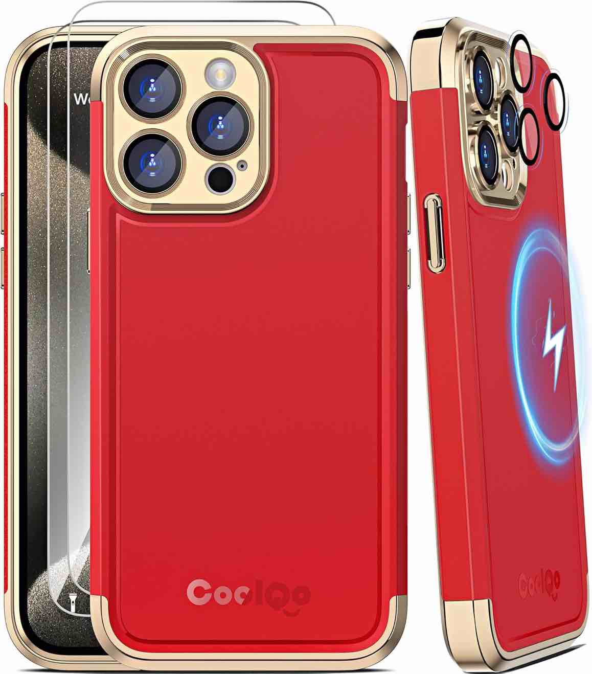 COOLQO Magnetic for iPhone 15 Pro Case 2X[Tempered Glass Screen Protector+Camera Lens Protectors] Mil-Grade Shockproof Protective Phone Case for iPhone 15 Pro, Red Gold