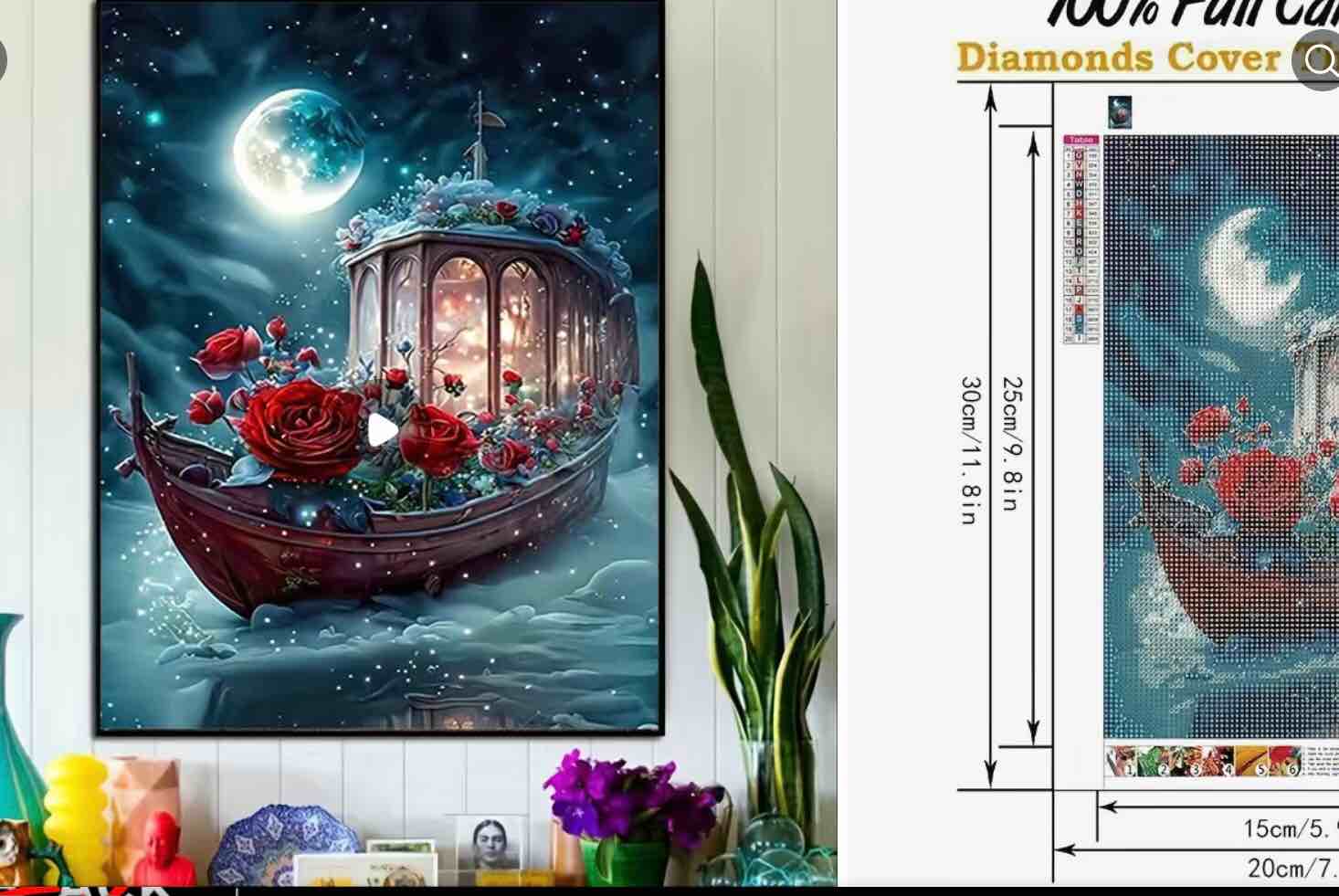 1pc 11.81x7.87inch/30x20cm DIY Round Full 5D Diamond Artist Home Wall Decor, Diamond Painting Kits For Adults 5D DIY Diamond Painting Full Diamond Beginner Adults And Kids DIY 5D Diamond Painting Kits Diamond Painting Kits, Complete Diamond Painting Under The Moon Flower Boat