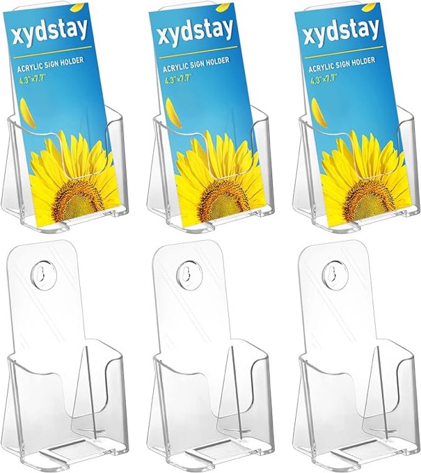 xydstay Acrylic Brochure Holder 4x9 Inches Slant Back Design, Clear Display Stand, Plastic Table Stand Sign Holder,Pamphlet Holder Flyer Holder, Acrylic Display Stand, Acrylic Table Signs Plastic Paper Holder for Office, Home, Store, 6 Pack