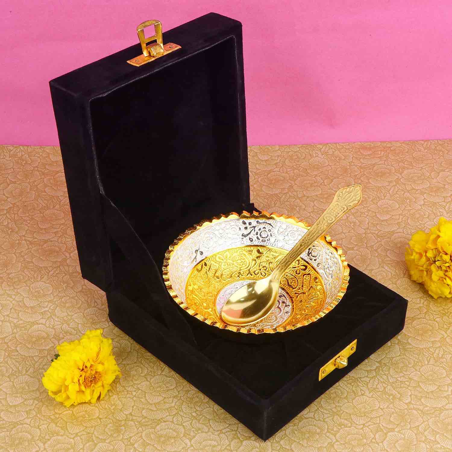 SATVIK 1 Set Designer Gold Silver Plated Lotus Flower Dessert Dry Fruits Embossed Serving Bowl With Spoon Set Festive Diwali Pujan Decortive Bhog Bowl Christmas Housewarming 