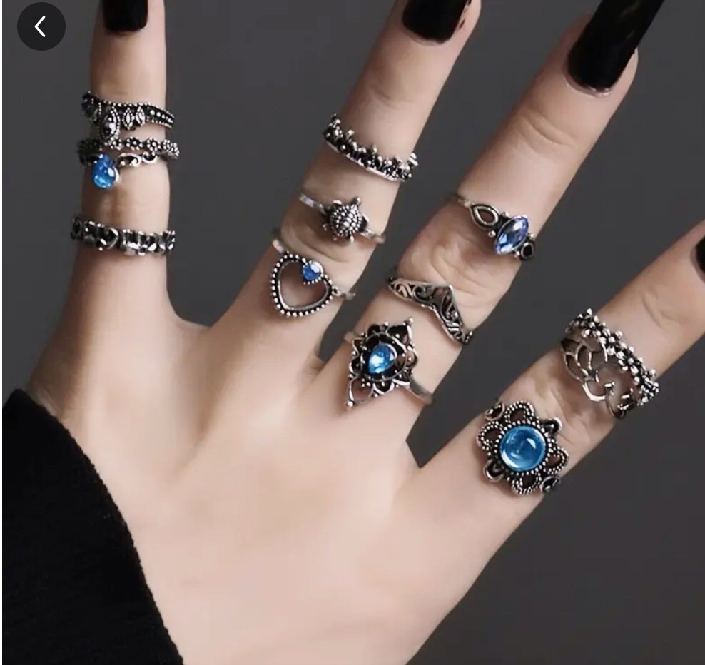 13pcs Vintage Stacking Rings Retro Crown / Turtle / Lotus Design Inlaid Gemstone Mix And Match For Daily Outfits Party Accessories