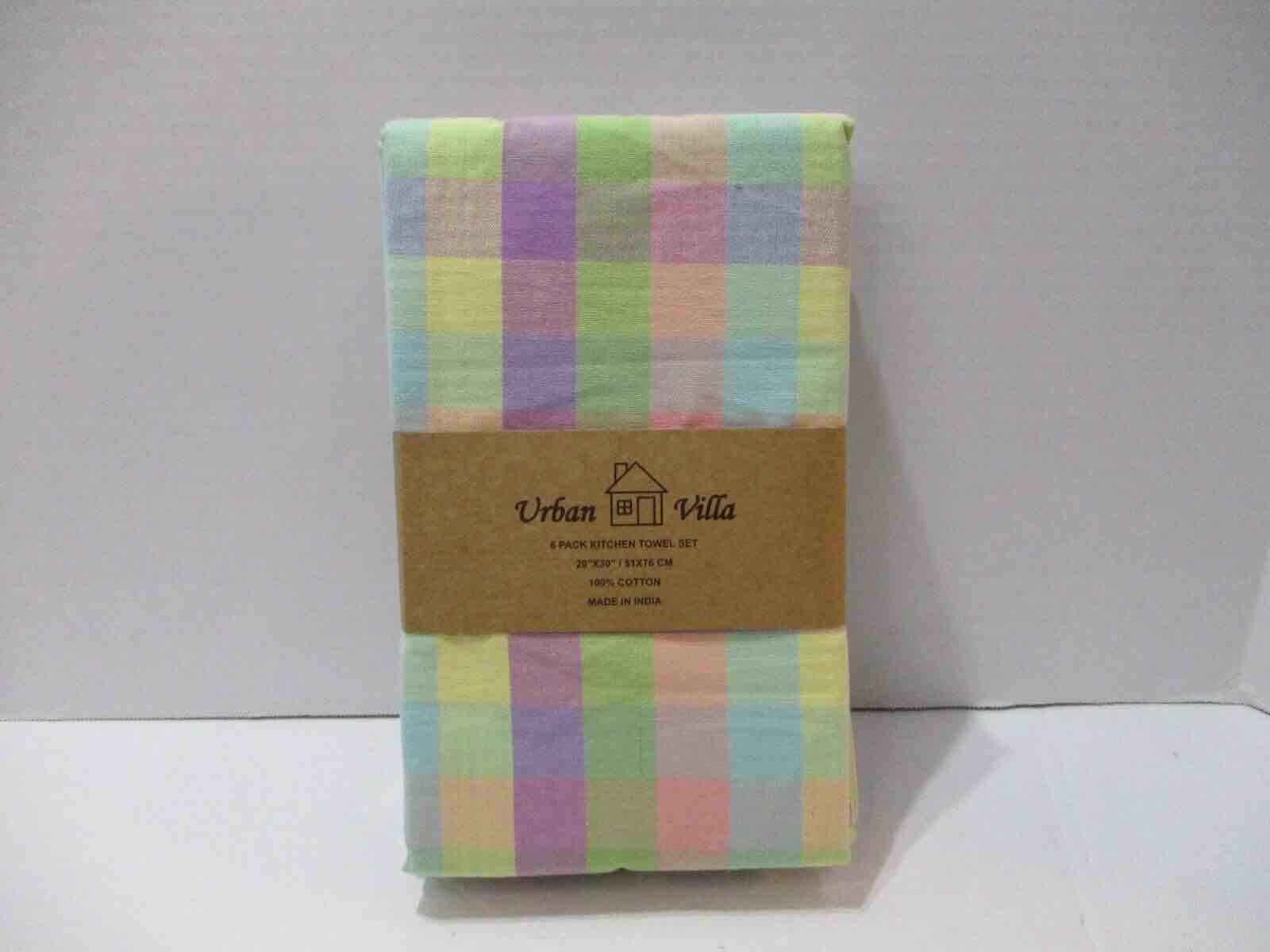 Pastel Kitchen Towel Set 20x30 Green Purple Plaid 6 Piece Cotton Blue Pink