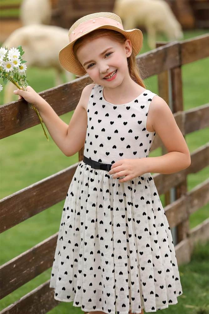Abaowedding Chiffon Sleeveless Flower Girl Dress Girls Polka Dot Ruffle Trim Belted Party Dress