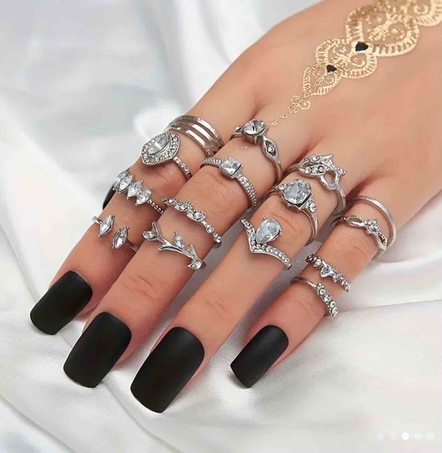 15pcs New Release Opening Hollow Artificial Diamond Joint Ring Set With Droplet, Heart Shaped Charm