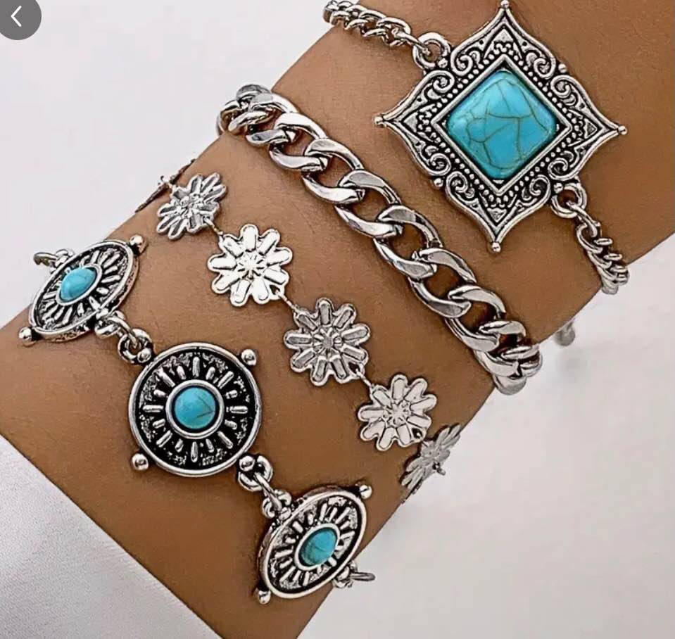 4pcs Vintage Style Turquoise Inlaid Carved Flower Chain Bracelet Set Boho Style Hand Chain Jewelry Decoration